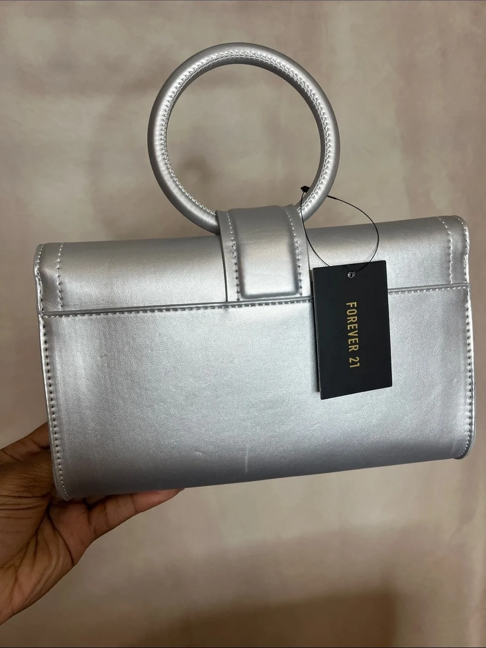 Forever 21 Metallic Silver Ring-Handle Wristlet Clutch NWT